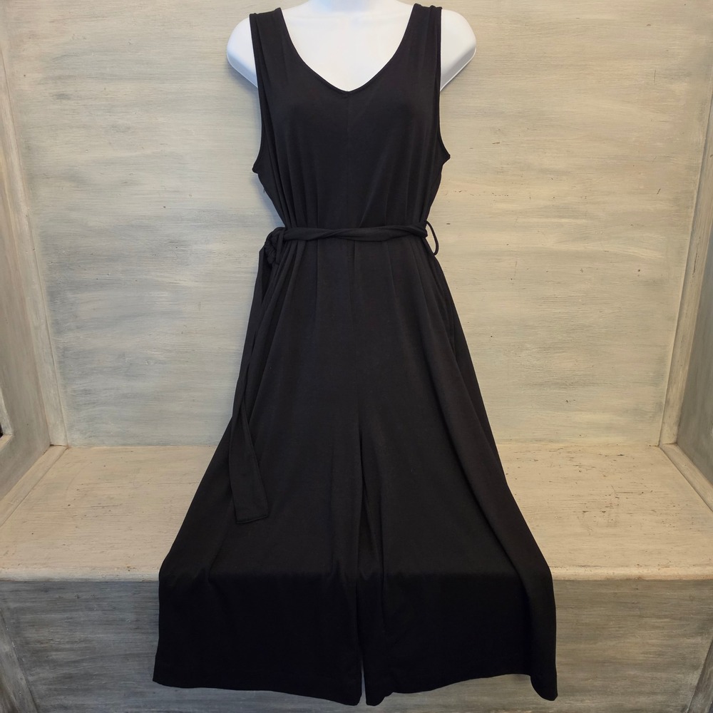 Sucolan Black Sleeveless Vneck Tie Waist Cropped Wide Leg Jumpsuit Large GC